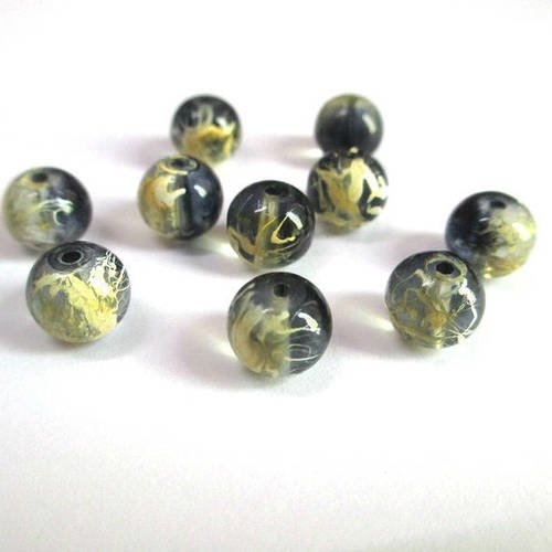 10 perles noir tréfilé jaune translucide 8mm 