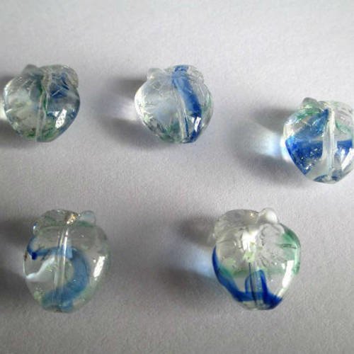 5 perles en verre forme pomme tréfilé bleu blanc vert 15x13mm 