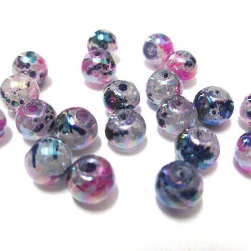 20 perles moucheté bleu et rose brillantes en verre  6mm 