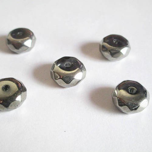 5 perles en verre plate a facette  gris  12x11x6mm 