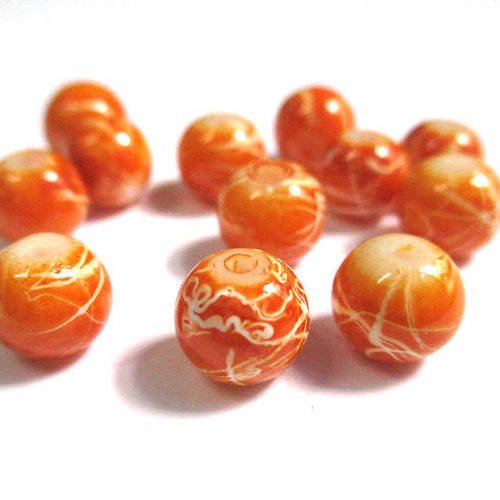 10 perles orange tréfilé blanc en verre 8mm (h-26) 