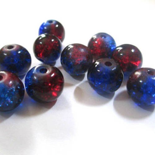 10 perles bleu et rouge craquelé en verre 8mm 