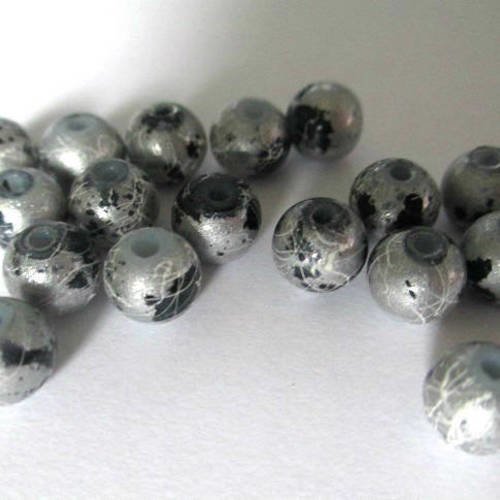 20 perles verre peint argenté brillant mouchetée et tréfilé 6mm (c-25) 