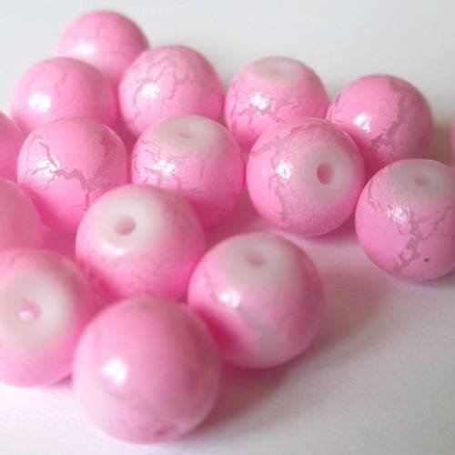 10 perles rose craqué en verre peint 8mm (h-43) 