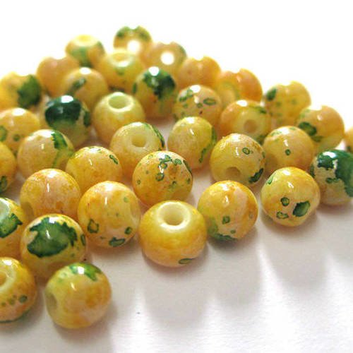20 perles jaune moucheté vert et blanc en verre peint 4mm (a-18) 