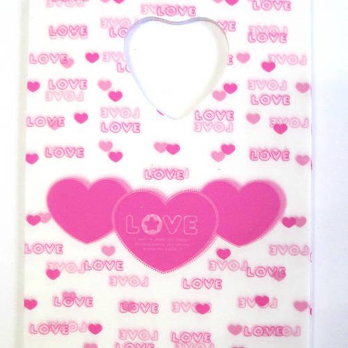 10 sachets plastique à anse 15x9cm blanc motif coeur rose love 