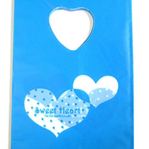 10 sachets plastique à anse 15x9cm bleu motif coeur 