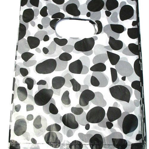 10 sachets plastique à anse 20x15cm blanc et noir motif léopard 