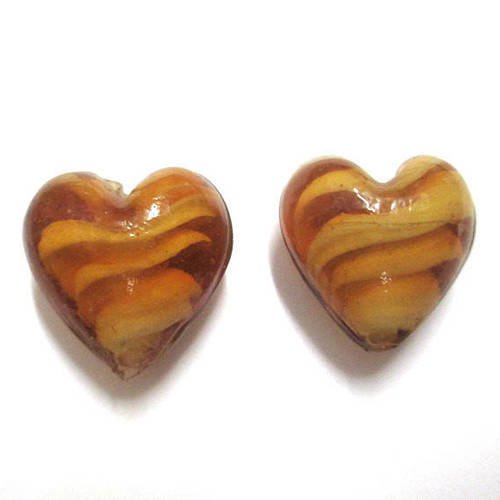 2 perles cœur en verre couleur caramel  18mm 
