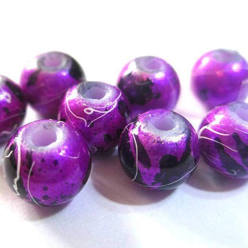 10 perles prune brillant mouchetée et tréfilé 8mm 