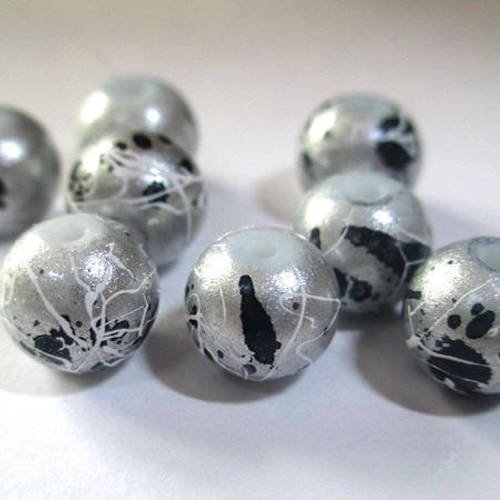 10 perles argenté brillant mouchetée et tréfilé 8mm 