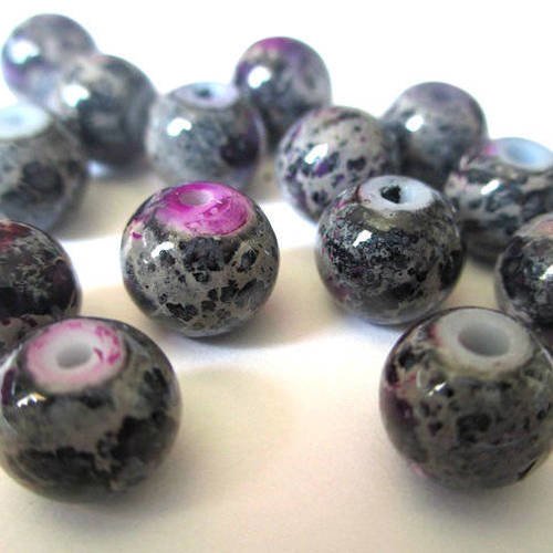 10 perles noir marbré écru 8mm (h-34) 