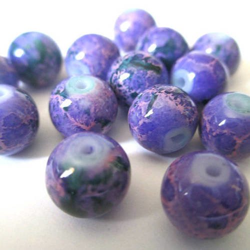 10 perles violet marbré mauve et vert 8mm (h-32) 