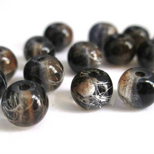 20 perles noir tréfilé  marron et blanc 6mm ronde en verre 