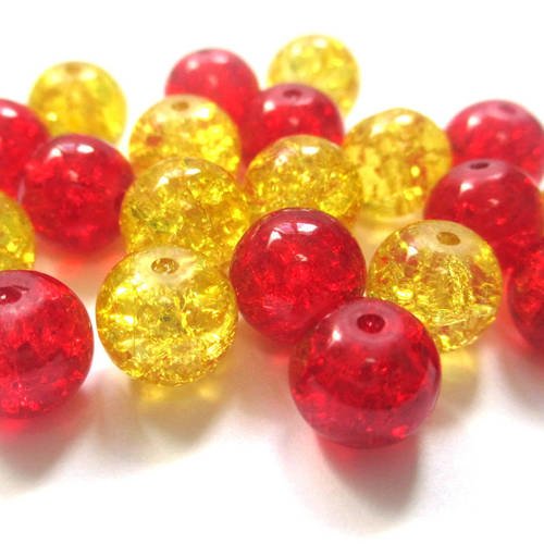 Lot 20 perles rouge et jaune en verre craquelé  10 mm (e-34) 