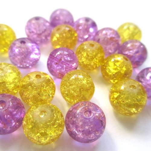 Lot 20 perles violet et jaune en verre craquelé 10mm (e-34) 