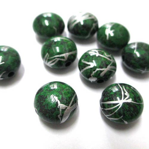 10 perles acrylique noir moucheté vert tréfilé argenté 12x8mm 