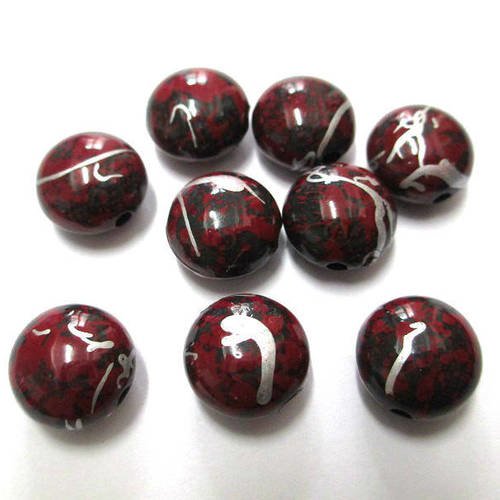 10 perles acrylique noir moucheté rouge tréfilé argenté 12x8mm 