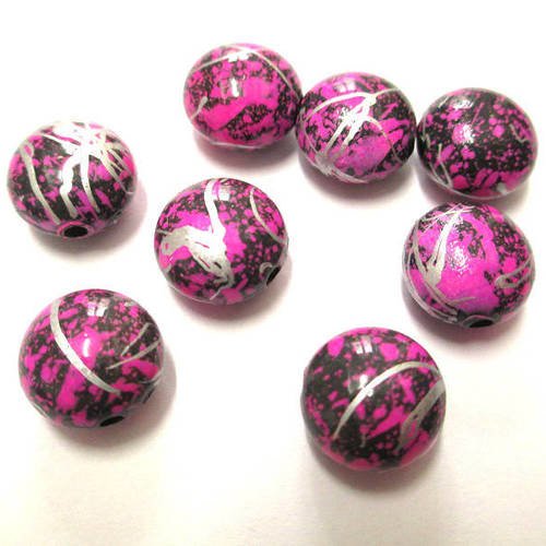 10 perles acrylique noir moucheté rose tréfilé argenté 12x8mm 