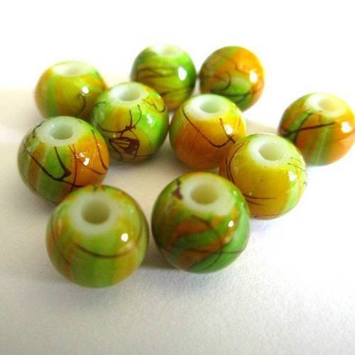10 perles verte orange tréfilé marron en verre peint 8mm (a-09) 