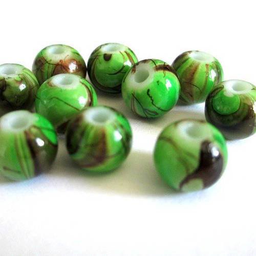 10 perles verte tréfilé marron en verre peint 8mm (a-10) 