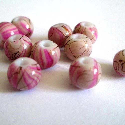 10 perles rose tréfilé marron en verre peint 8mm (a-04) 