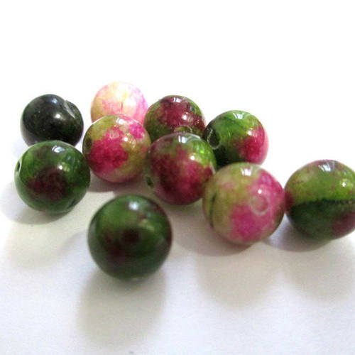 10 perles jade naturelle vert et rose 8mm (e-23) 