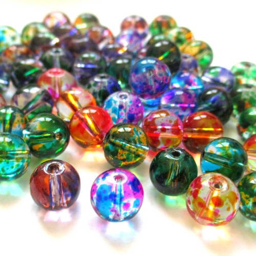 60 perles 8mm ronde en verre transparent tréfilé mélange de couleurs 