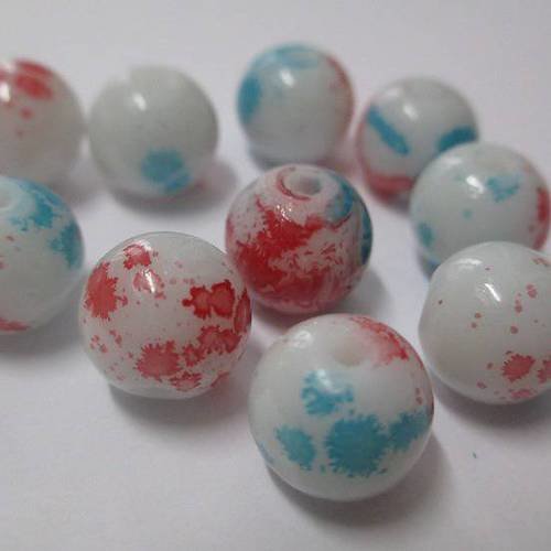 10 perles blanc moucheté bleu et rouge en verre  10mm (h-3) 