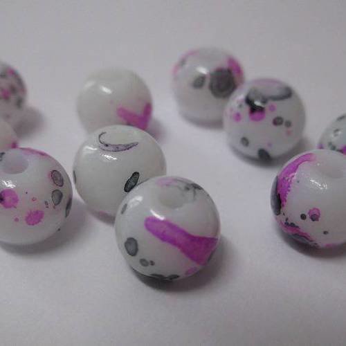 10 perles blanc moucheté noir et rose en verre  8mm (h-15) 