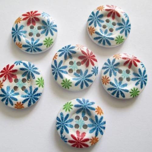 6 boutons  en bois imprimé 23mm motif fleurs à 4 trous 