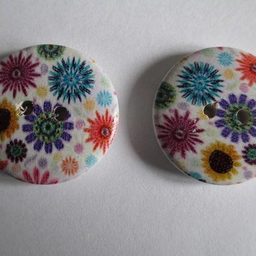 6 boutons en bois imprimé 28mm motif fleurs à 2 trous 