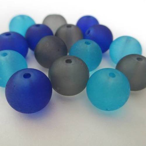 15 perles  "givré" bleu foncé, gris, bleu ciel10mm 