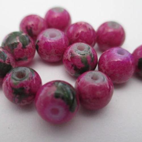 10 perles rose et vert en verre  6mm 