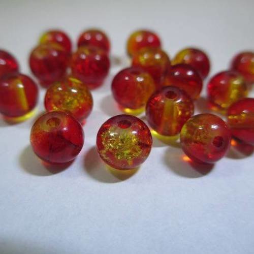 20 perles rouge et jaune en verre craquelé 6mm (d-31) 