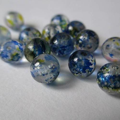 10 perles en verre craquelé bleu et jaune  6mm 