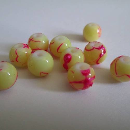 10 perles jaune tréfilé rose en verre peint 8mm (a-04) 