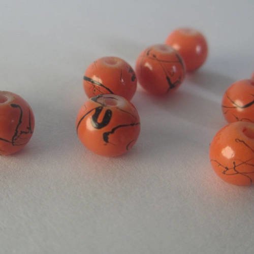 20 perles orange à rayures noir ronde en verre peint 6mm 