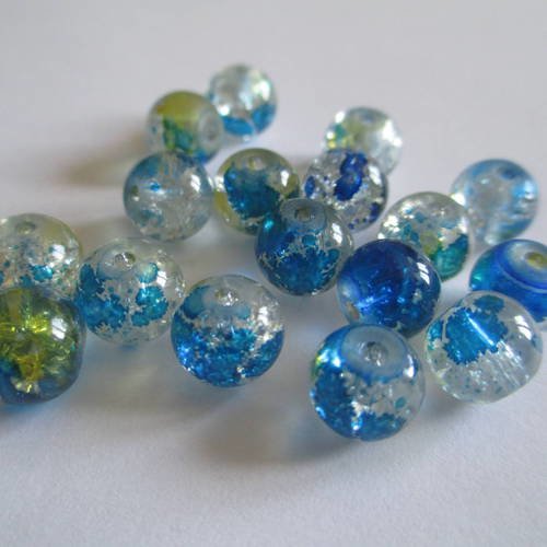 Lot 40 perles rondes en verre craquelée mouchetées bleu et jaune 8mm 