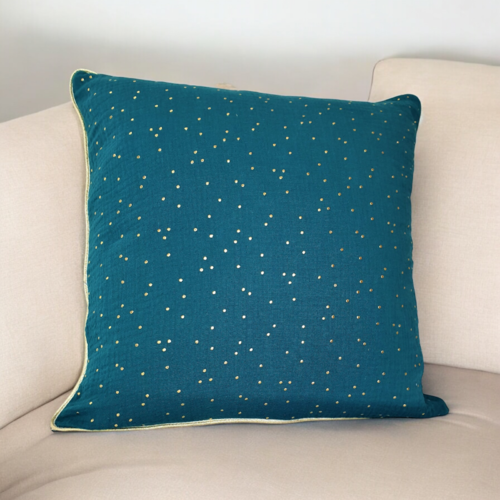 Housse de coussin double gaze bleu canard pois dorés