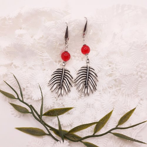 Boucles d'oreilles artisanales, feuilles de palmier argentées en métal. bijou été, à offrir.