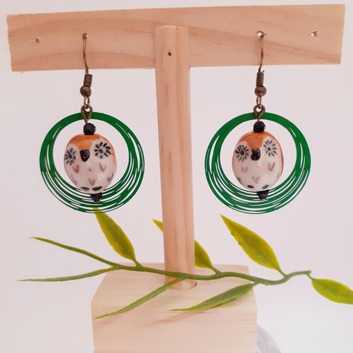 Boucles d'oreilles automne hiver, hiboux chouettes en porcelaine. bijou à offrir.