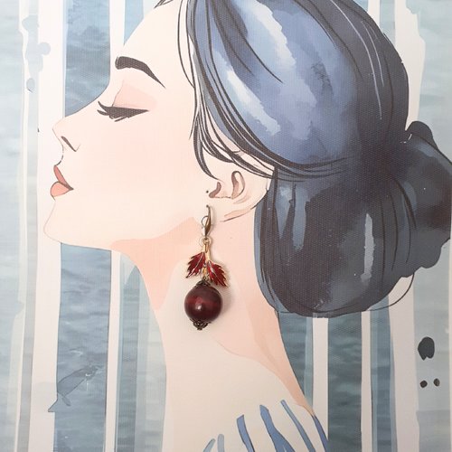 Boucles d'oreilles artisanales pendantes, glands bordeaux foncé. bijou automne hiver.