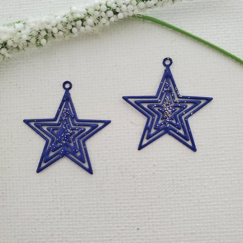 2 pendentif étoile bleu avec paillettes 22mm×20mm