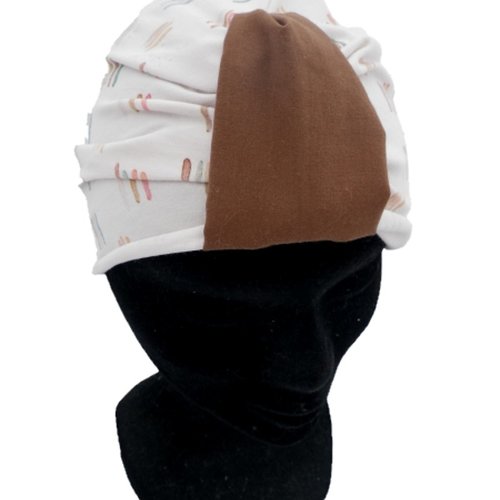 Bonnet turban de chimio crème et traits de couleur