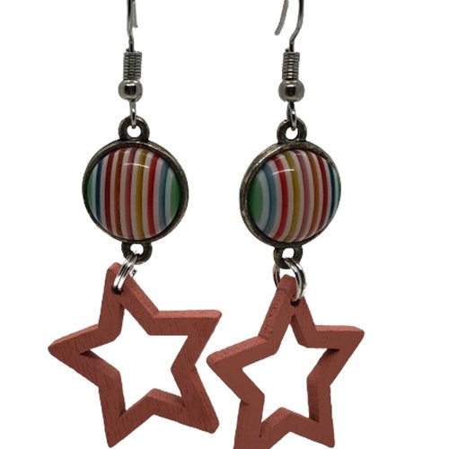 Boucles d'oreilles argent et cabochon rayures multicolores et étoile rose