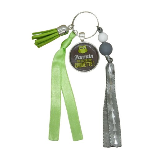 Porte clés vert et gris "parrain tu es trop chouette"