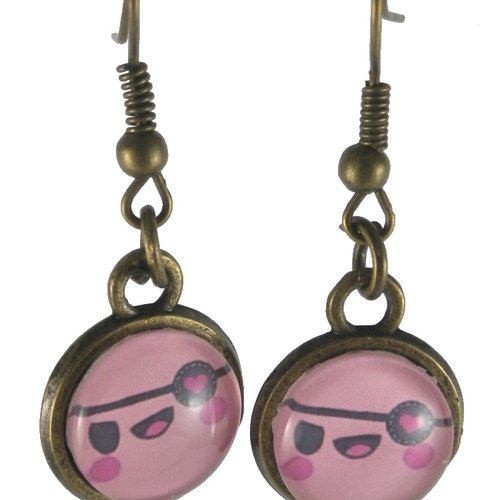 Boucles d'oreilles bronze et cabochon kawaii tête / visage rose