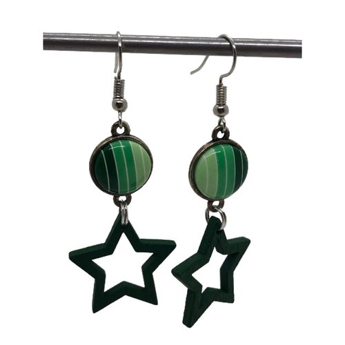 Boucles d'oreilles argent et cabochon rayures vertes et étoile verte