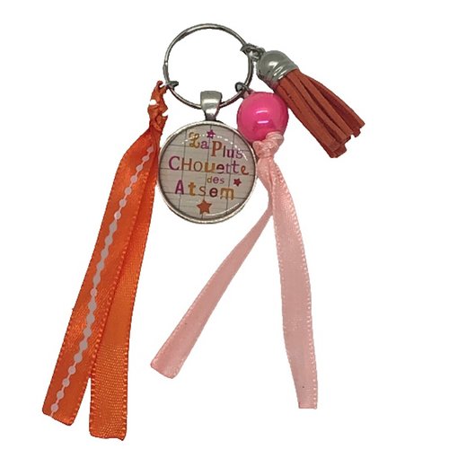 Porte clés orange et rose "la plus chouette des atsem"
